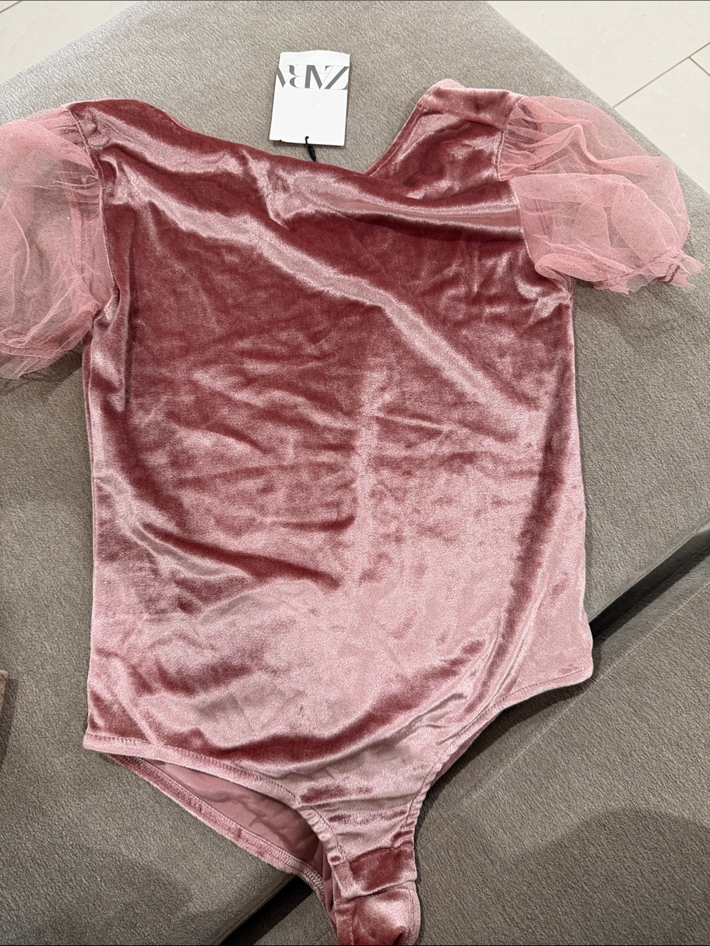 Zara Rose Velvet Bodysuit with Sheer Puff Sleeves